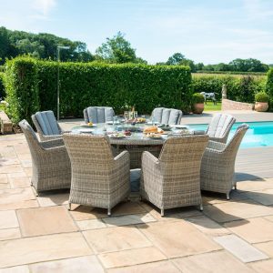 8 Seat Round Fire Pit Garden Dining Set - Grey Polyweave - Venice Chairs