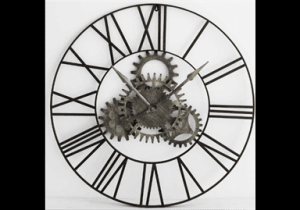 Wall Clock - Large Round Distressed Black Metal - Cog Face - Roman Numerals