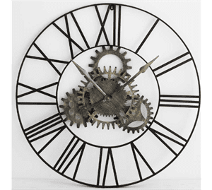 Wall Clock - Large Round Distressed Black Metal - Cog Face - Roman Numerals