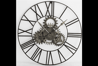 Wall Clock - Large Round Distressed Black Metal - Cog Face - Roman Numerals