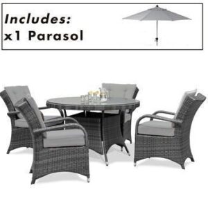 4 Seater Round Garden Dining Set - Umbrella & Base - Grey Poly-Weave
