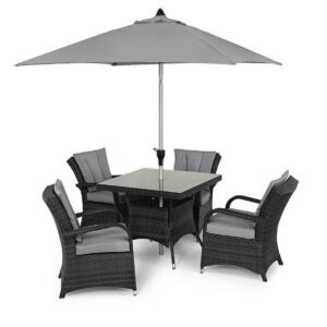 4 Seat Square Garden Dining Set - Round Umbrella & Base - Grey Polyweave