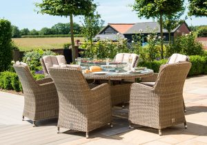 6 Seat Oval Fire Pit Garden Dining Set - Light Brown Polyweave - Venice Chairs