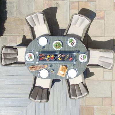 6 Seat Oval Fire Pit Garden Dining Set – Light Brown Polyweave – Venice Chairs