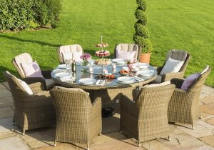 8 Seat Round Garden Dining Table Set - Inset Ice Bucket - Umbrella - Light Brown Polyweave