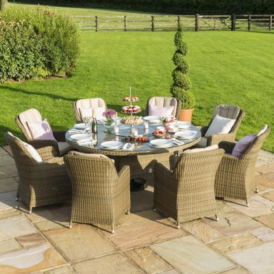 8 Seat Round Garden Dining Table Set - Inset Ice Bucket - Umbrella - Light Brown Polyweave