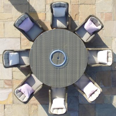 8 Seat Round Garden Dining Table Set – Inset Ice Bucket – Umbrella – Natural Polyweave