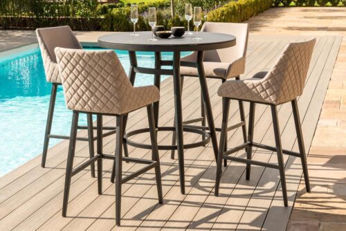 4 Seat Round High Garden Bar Set - Taupe All Weather Fabric - Black Glass Top