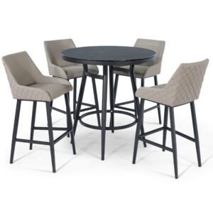 4 Seat Round High Garden Bar Set - Taupe All Weather Fabric - Black Glass Top