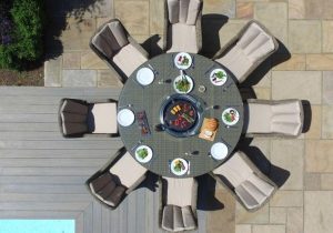 8 Seat Round Fire Pit Garden Dining Set - Light Polyweave - Venice Chairs