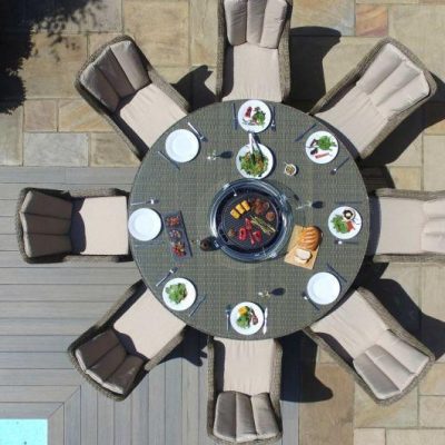 8 Seat Round Fire Pit Garden Dining Set - Light Polyweave - Venice Chairs