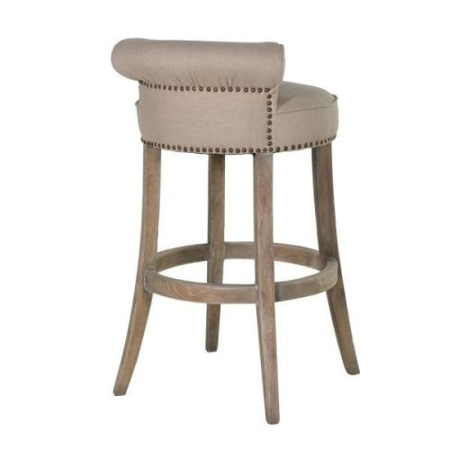 Bar Stool – Washed Oak Legs – Studded Roll Top – Beige Linen Fabric