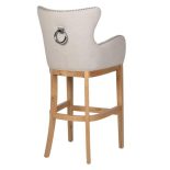 Bar Stool - Light Oak Legs - Knocker Back - Chrome Studded - Ivory Fabric