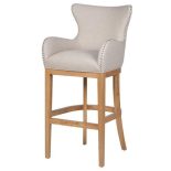 Bar Stool - Light Oak Legs - Knocker Back - Chrome Studded - Ivory Fabric