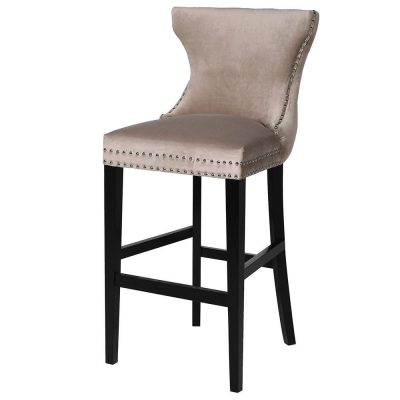 Bar Stool - Black Finished Oak Legs - Chrome Studded - Biscuit Velvet