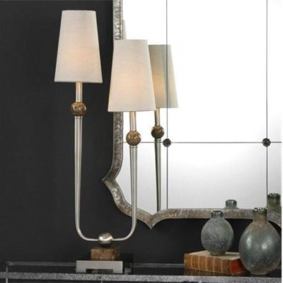 Table Lamp - Brushed Nickel Double Shaded - Ivory Linen Shade