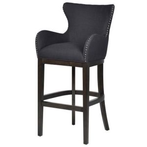 Bar Stool - Oak Legs - Knocker Back - Chrome Studded - Charcoal Fabric