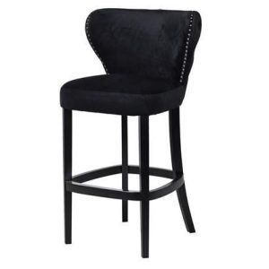 Bar Stool - Black Solid Oak Legs - Deep Buttoned - Black Velvet Fabric