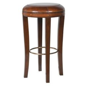 Bar Stool - Brown Oak Legs - Brass Foot Bar - Brown Jaipur Leather