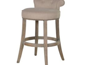 Bar Stool - Washed Oak Legs - Studded - Roll Top - Beige Linen Fabric