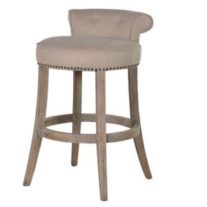 Bar Stool - Washed Oak Legs - Studded - Roll Top - Beige Linen Fabric