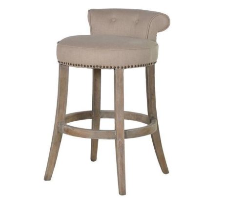 Bar Stool - Washed Oak Legs - Studded - Roll Top - Beige Linen Fabric