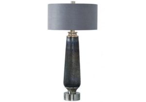 Table Lamp - Textured Glass Base - Round Grey Suede Shade