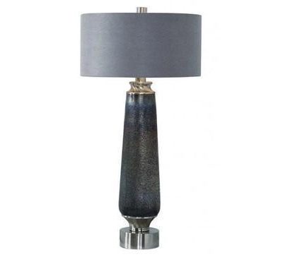 Table Lamp - Textured Glass Base - Round Grey Suede Shade