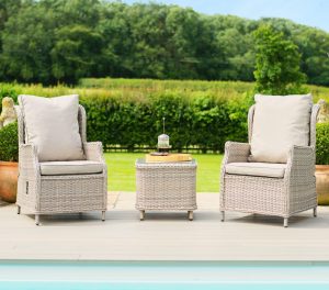 2 Seat Bistro Set - Glass Top Table & 2 Reclining Chairs - Grey Round Polyweave