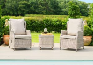2 Seat Bistro Set - Glass Top Table & 2 Reclining Chairs - Grey Round Polyweave