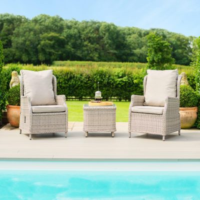 2 Seat Bistro Set - Glass Top Table & 2 Reclining Chairs - Grey Round Polyweave