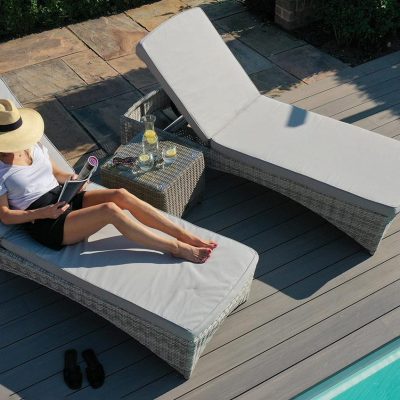 Double Sun Lounger Set – Side Table – Grey Cushions – Light Grey Polyweave