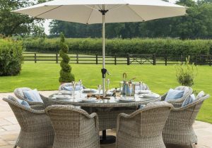 8 Seat Round Garden Table Set - Inset Ice Bucket - Umbrella & Base - Heritage Chairs - Grey