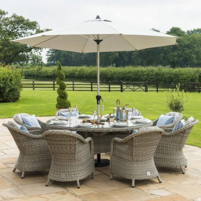 8 Seat Round Garden Table Set - Inset Ice Bucket - Umbrella & Base - Heritage Chairs - Grey