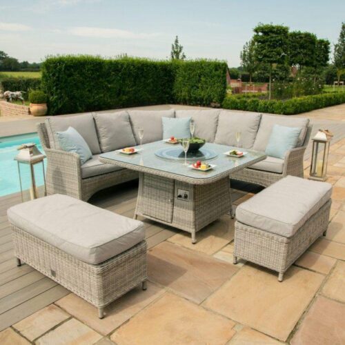 Corner Sofa Fire Pit Dining Set - Square Dining Table - Grey Poly Rattan