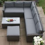 Garden Corner Sofa Dining Set - Footstool - Glass Top Coffee Table - Grey Weave