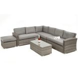 Garden Corner Sofa Dining Set - Footstool - Glass Top Coffee Table - Grey Weave