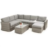 Garden Corner Sofa Dining Set - Footstool - Glass Top Coffee Table - Grey Weave