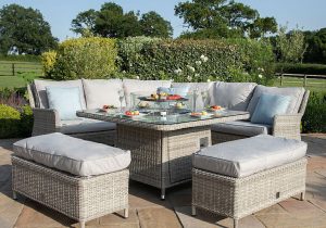 Corner Sofa Garden Fire Pit Dining Set - Square Table - Grey Poly Rattan