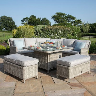 Corner Sofa Garden Fire Pit Dining Set - Square Table - Grey Poly Rattan