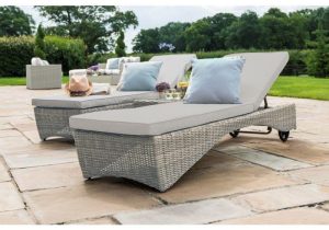Double Sun Lounger Set - Side Table - Grey Cushions - Light Grey Polyweave