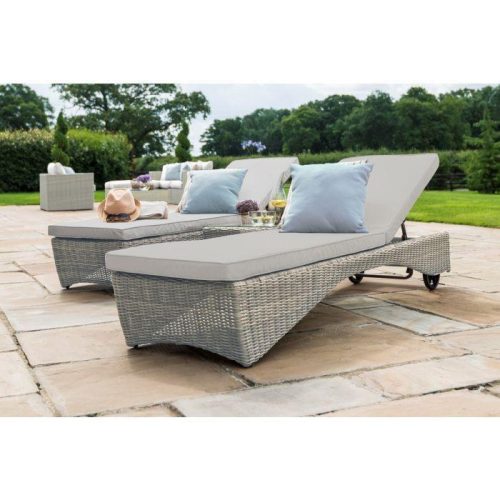 Double Sun Lounger Set - Side Table - Grey Cushions - Light Grey Polyweave