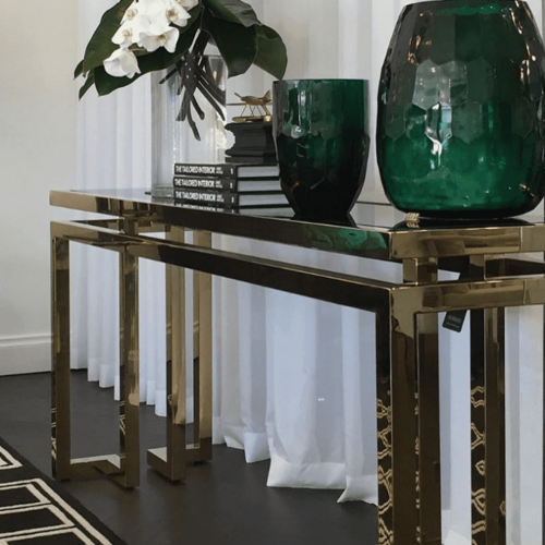 Console Table – Black Glass & Polished Brass – Parma Brass Range