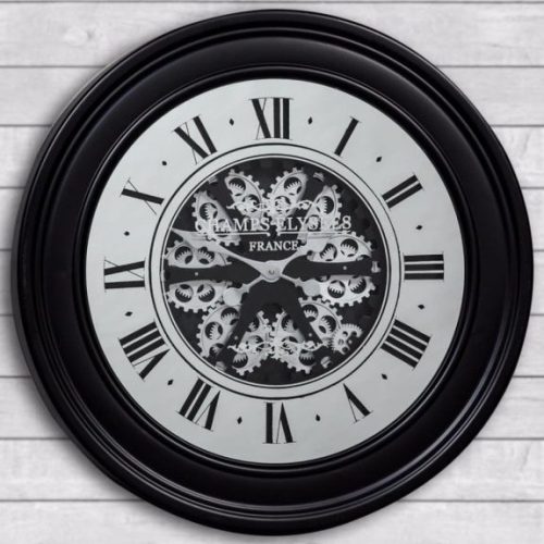 Wall Clock Battery Operated Matt Black Finish Moving Cogs