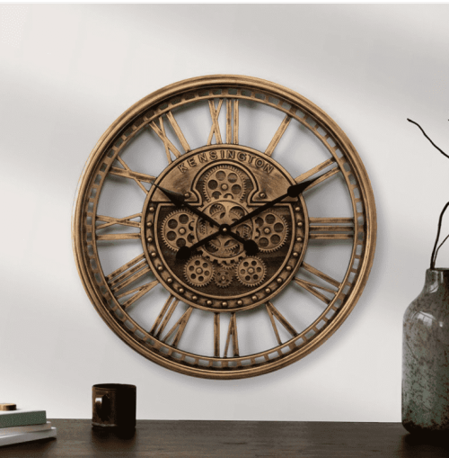 Wall Clock - Round - Moving Cogs - Skeleton - Copper Finish