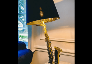 Saxophone Table Lamp - Antique Brass - Gold Inlaid Round Black Shade