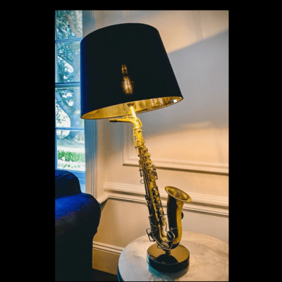 Saxophone Table Lamp - Antique Brass - Gold Inlaid Round Black Shade