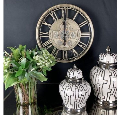 Wall Clock Kensington - Moving Cogs - Skeleton Design - Champagne Silver Finish