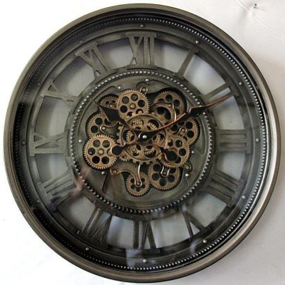 60cm Wall Clock - Gold Moving Cogs - Champagne Silver Finish