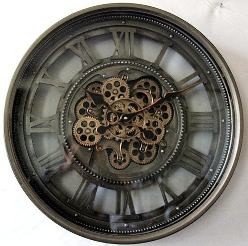 60cm Wall Clock - Gold Moving Cogs - Champagne Silver Finish